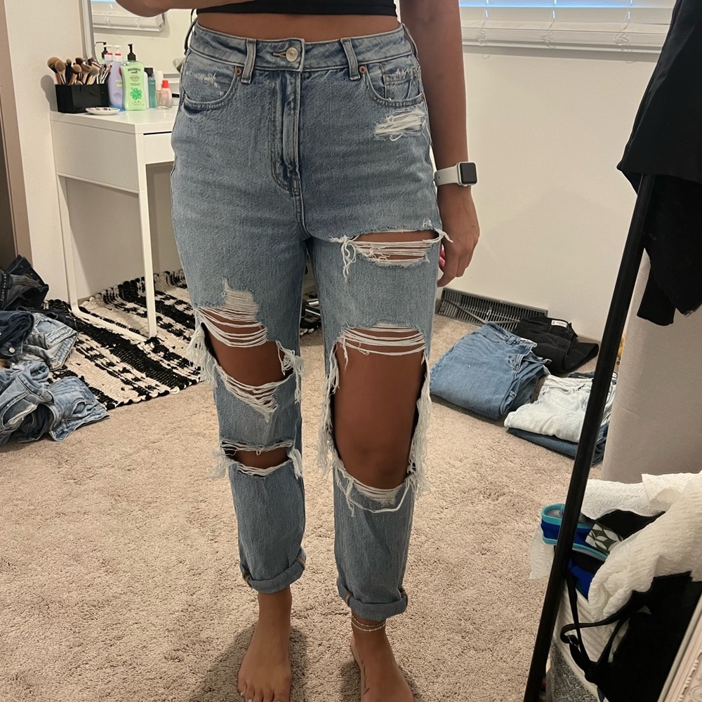 American eagle highest rise mom jeans with rips.